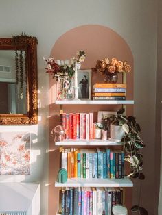 a bookshelf filled with lots of books next to a mirror and potted plant