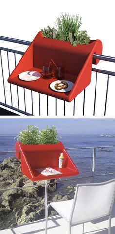 there is a red tray on the balcony next to an empty plate and drink holder