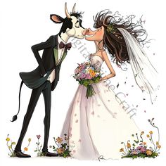 a bride and groom kissing in front of a cow wearing a tuxedo suit