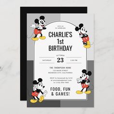 mickey mouse birthday party card with the name charlie's 1st birthday printed on it