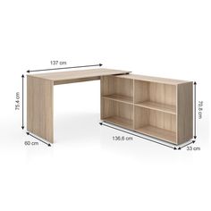 a desk with measurements for the top and bottom section, including an open bookcase