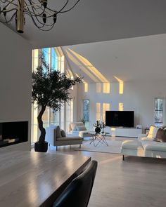 a living room filled with furniture and a flat screen tv on top of a wooden table