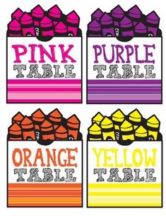 pink, purple, orange and yellow table tags with the words'purple table'on them