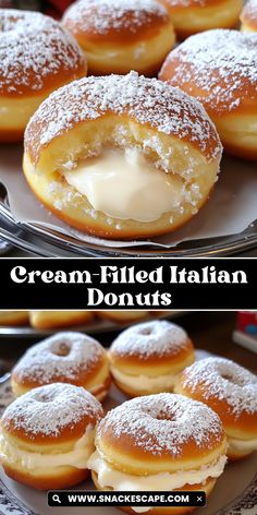 cream filled italian doughnuts with powdered sugar on top and in the middle