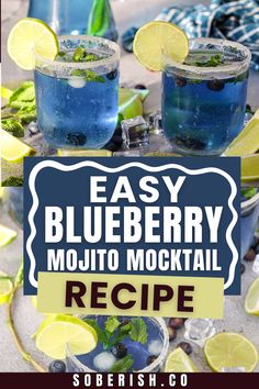 easy blueberry mojito cocktail recipe with lemons and mint garnish