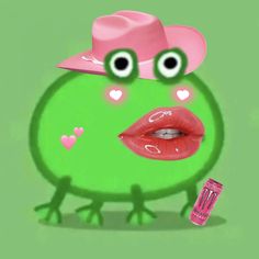 a green frog wearing a pink hat and lipstick