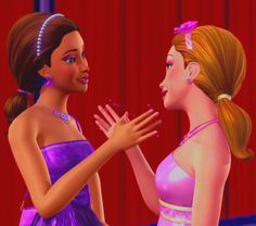 two animated women talking to each other in front of a red curtained room with curtains