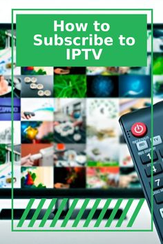 a remote control sitting in front of a television with pictures on the screen and words how to subscribe to iptv