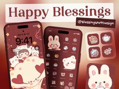 two cell phones with stickers on them and the text happy blessings is displayed