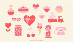 various valentine's day items are arranged in the shape of hearts and ice creams