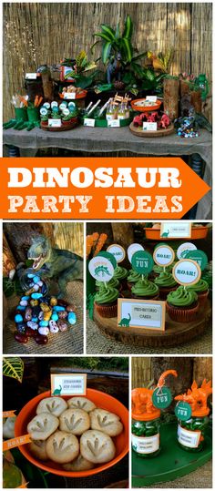 dinosaur party ideas including cupcakes, cookies and desserts