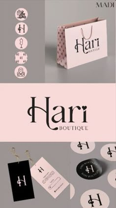 the logo for har boutique is shown above it's name and business cards