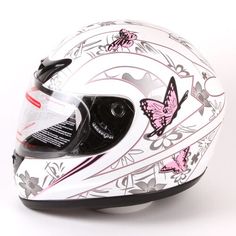 a white helmet with pink butterflies on it