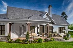 this is a computer rendering of a house with porches and covered patios in the front yard