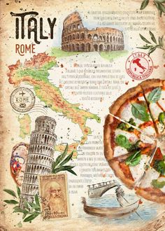 a pizza with different pictures on it sitting in front of a map and the words italy