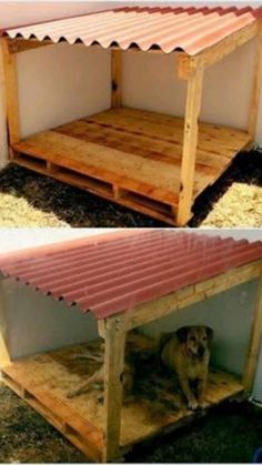 two pictures of a dog house made out of pallet wood and one has a red roof