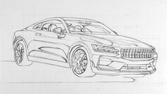 a drawing of a sports car on a sheet of paper with lines drawn in the background