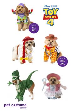 four dogs dressed up as toy story 4 and 3xl, including a dog in costume