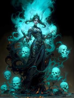 a woman with blue hair standing in front of skulls