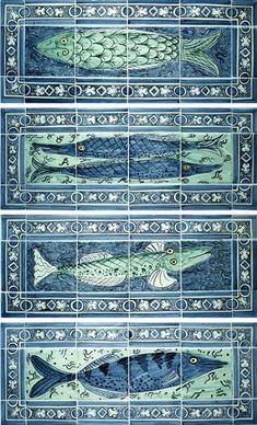 three blue and green tiles with fish on them