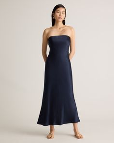 Slip on our 100% Washable Silk Strapless Midi Dress for your next special occasion. This classic and versatile cut is made from 100% mulberry silk, in a satin finish. The kicker? Our silk is washable. Easy to style, easy to wash for low-maintenance luxe. Navy Dress Accessories, Strapless Silk Dress, Silk Fiber, Cashmere Dress, Cruise Outfits, Silk Cami, Strapless Midi Dress, Dress Makeup, Body Temperature