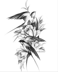 two birds sitting on top of flowers with one bird flying over it's head