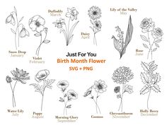 the birth month flowers are shown in black and white