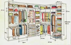 an open closet with clothes and other items on the shelves, labeled in blue marker