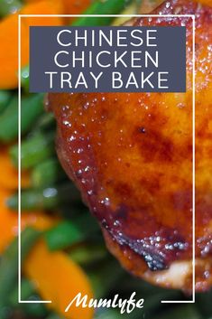 a close up of a chicken on a plate with green beans and oranges in the background