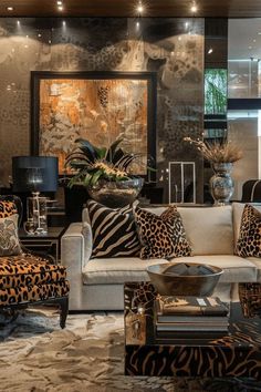 a living room filled with lots of furniture and animal print pillows on top of it