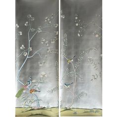 two panels with birds and flowers painted on them