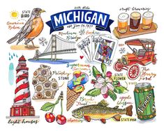 the michigan state is depicted in this watercolor drawing