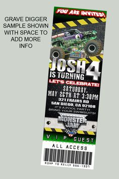 a monster truck birthday party ticket is shown