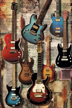 four guitars are lined up against a wall with music sheets in the backround