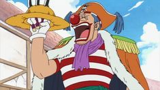 an animated clown with his mouth wide open and tongue out, holding a hat in one hand