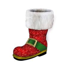 a pair of red and green boots with white fur on the bottom, one wearing a santa claus hat