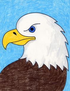 a drawing of an eagle with blue eyes and yellow beak on it's head