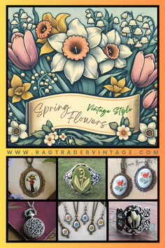 Our vintage style pin shows spring flowers and jewelry. Tulips, lilies of the valley and spring beauties adorn these rings, necklaces and lockets. Add a vintage gardener cameo for you or anyone who loves gardening in your world.  All items will arrive in a gift box ready for spring holidays and celebration. Lilies Of The Valley, Holly Hobby, Pocket Watch Necklace, Spring Blossoms, May Birthday, Victorian Flowers