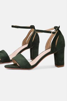 A timeless, staple style for any occasion, our new Andrea block heels are a must have! A simple and stylish block heel ankle strap sandal handcrafted in soft forest green ultrasuede, Andrea sits on a wearable mid heel and has a cushioned leather insole for all day comfort. These beautiful forest green sandals are a gorgeous way to add a pop of colour to a wedding look. Green wedding shoes are a stylish addition to woodland or outdoor weddings. #greenweddingshoes #blockheels #greenweddings Green Wedding, Block Heels Sandal