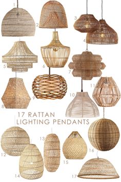 rattan hanging pendants with different sizes and colors, including one light fixture in the middle