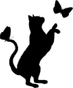 a black and white silhouette of a cat with butterflies on its back, looking up at the sky