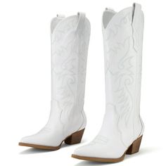 Rollda Cowboy Boots for Women Embroidered White Cowgirl Boots Knee-High Western Boots with Chunky Heel Size 7 Gender: female.  Age Group: adult. Western White Boots Medium Width, Whitle Long Cowgirl Boots, Girls Cowgirl Boots, Fitted White Western Mid-calf Boots, Western Style White Mid-calf Boots Medium Width, Knee High Western Boots, Western White Mid-calf Boots With Reinforced Heel, Kids Cowboy Boots, Cowboy Boots For Women