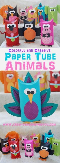 colorful and creative paper tube animals are featured in this collage with the words, colorful and creative paper tube animals