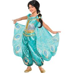 Jasmine's iconic peacock outift has a new look in this Jasmine Whole New World Costume for kids! The costume includes a jumpsuit with dangling jewels and large blue rhinestone details. Jasmine Costume Kids, Jasmine Halloween Costume, Halloween Halloween Costumes, Childrens Halloween Costumes, Aladdin Party, Princess Jasmine Costume, Disney Princess Costumes, Aladdin Jasmine, Halloween Disney