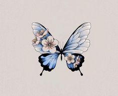 a blue butterfly with white and pink flowers on it's wings, flying through the air