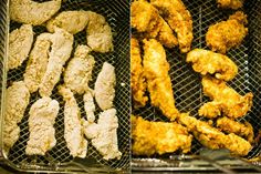 two pictures side by side showing chicken being cooked and fried