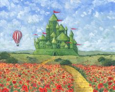 a painting of a castle in the middle of a flower field with a yellow path leading to it