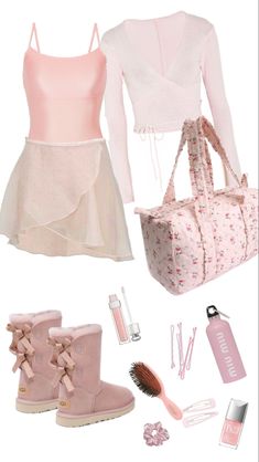 a woman's outfit and accessories including boots, handbag, lipstick, hairbrush, makeup brush