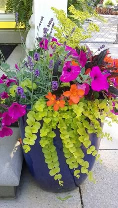 two flower pots sitting on the ground next to each other with purple and orange flowers in them