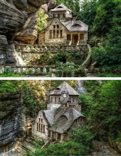 two pictures of an old stone house in the woods with trees and rocks behind them